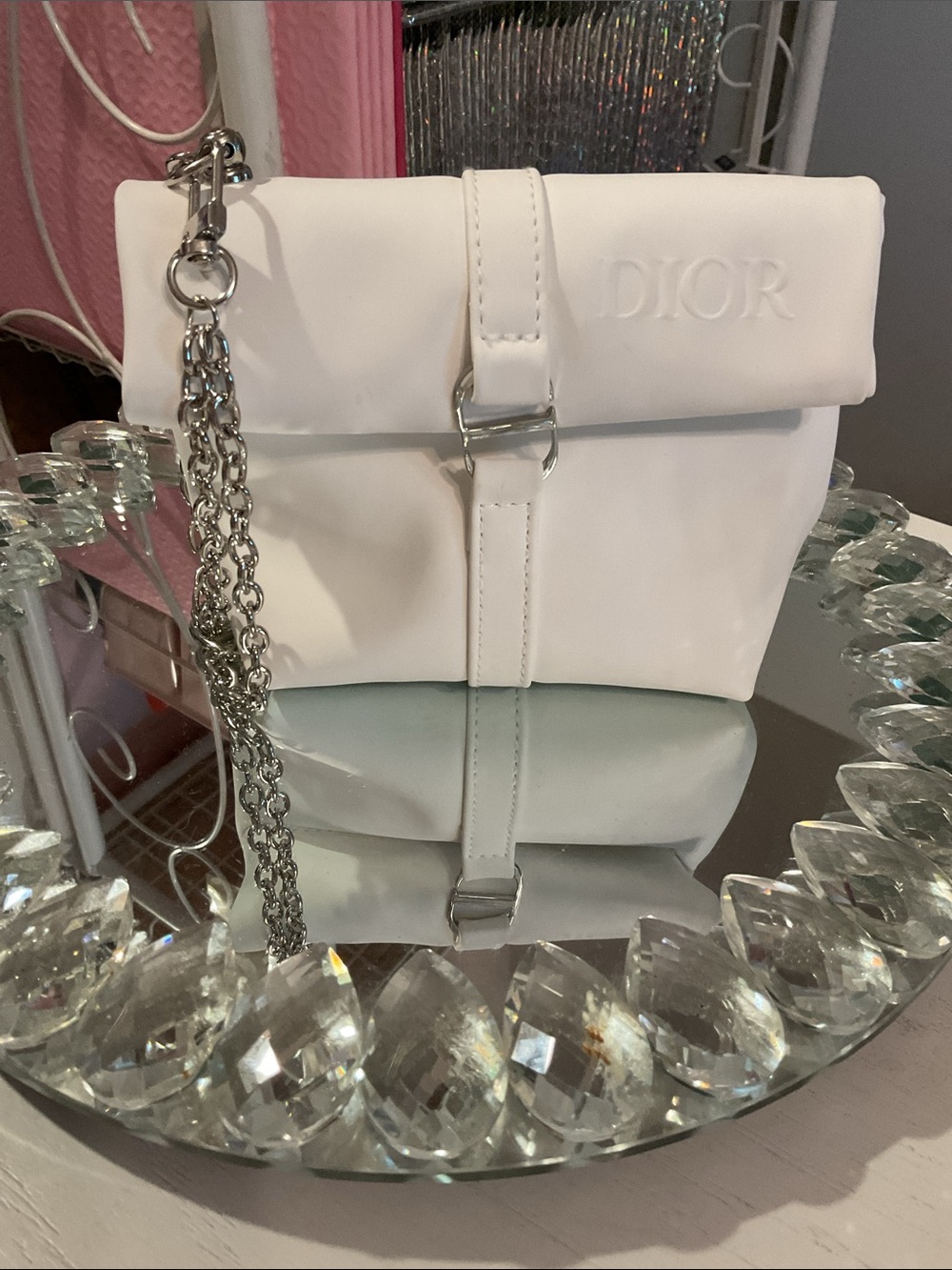 Dior White Pouch with Silver Chain - Picture 2 of 7